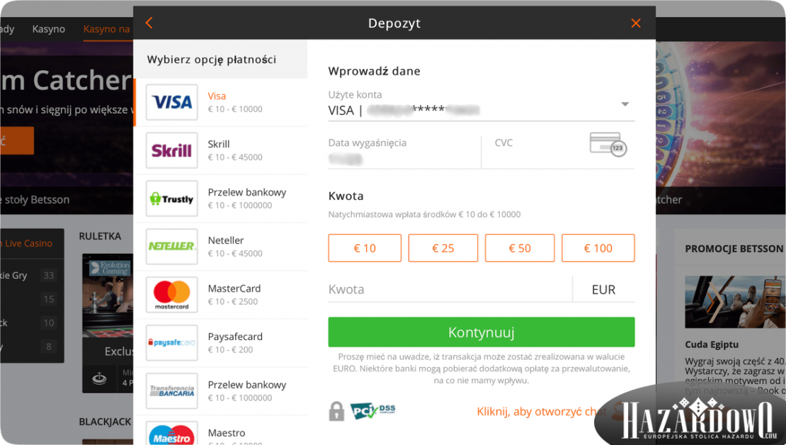 Internetowe Kasyno Betsson - wpłaty i wypłaty