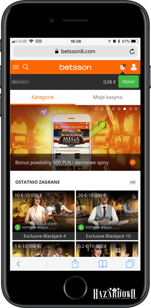 Kasyno Betsson - wersja mobilna