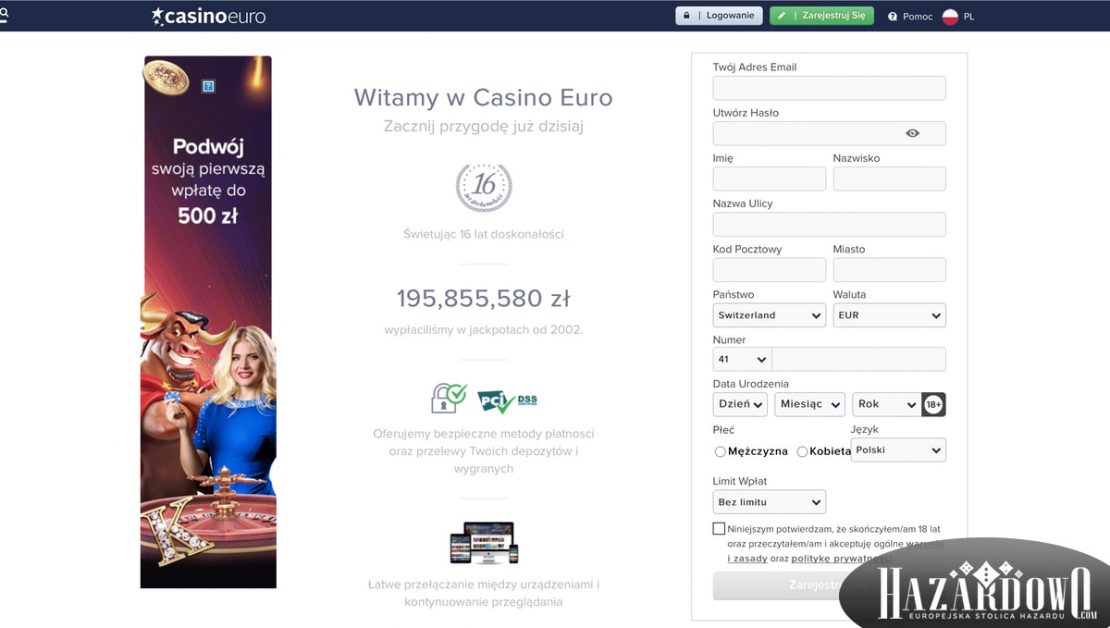 Recenzja kasyna online Casino Euro w portalu Hazardowo - Rejestracja w kasynie