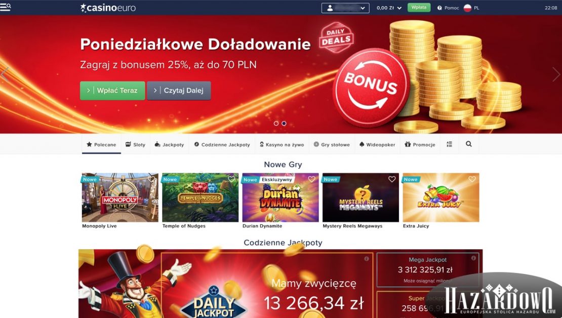 Recenzja kasyna online Casino Euro w portalu Hazardowo - strona główna kasyna